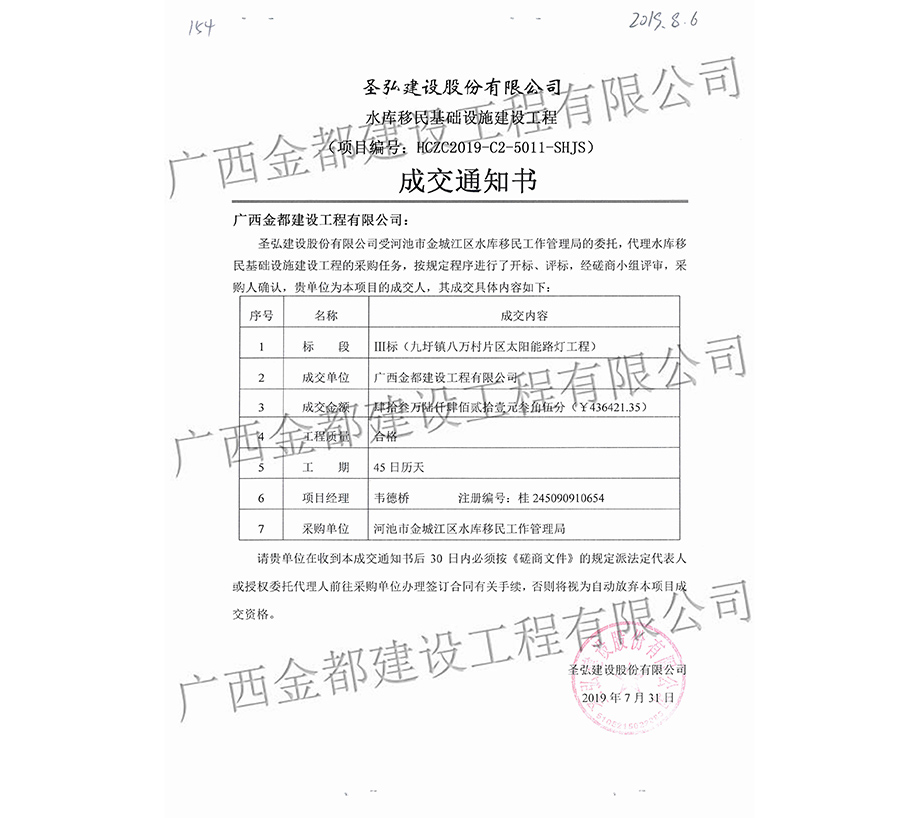 154、水庫(kù)移民基礎(chǔ)建設(shè)工程 Ⅲ標(biāo)：九圩鎮(zhèn)八萬(wàn)村片區(qū)太陽(yáng)能路燈工程